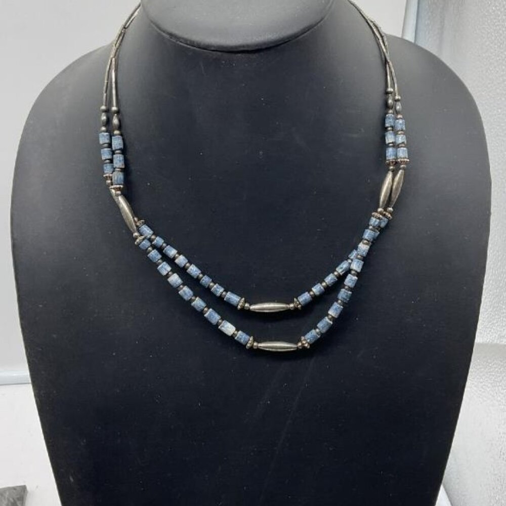 Vintage Sodalite Tube Bead Necklace 19” Light Blue Stone Silver-Tone Spacers